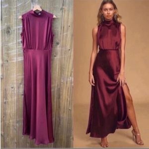 Classy Wine Burgundy Satin Mock Neck Maxi Dress